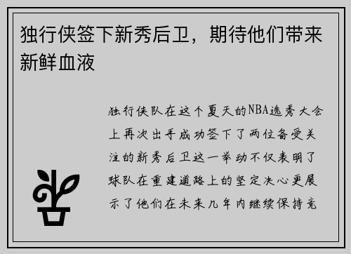 独行侠签下新秀后卫，期待他们带来新鲜血液